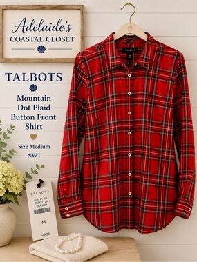 Talbots NWT Red Tartan Plaid Mountain Dot Button Front Shirt Meduim